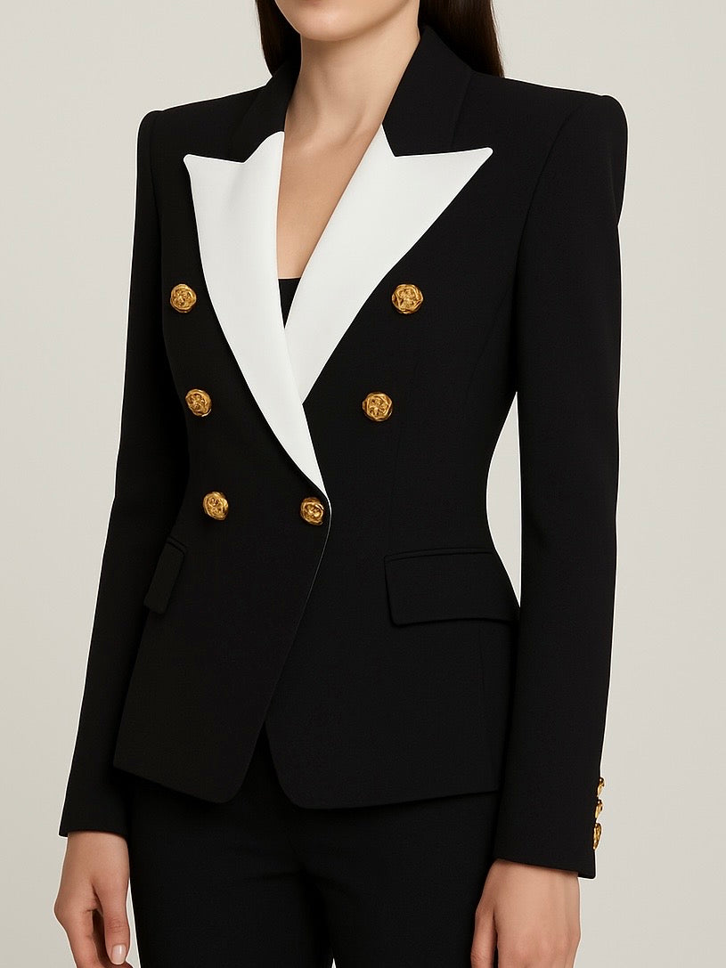 Gold Button White Lapel Blazer