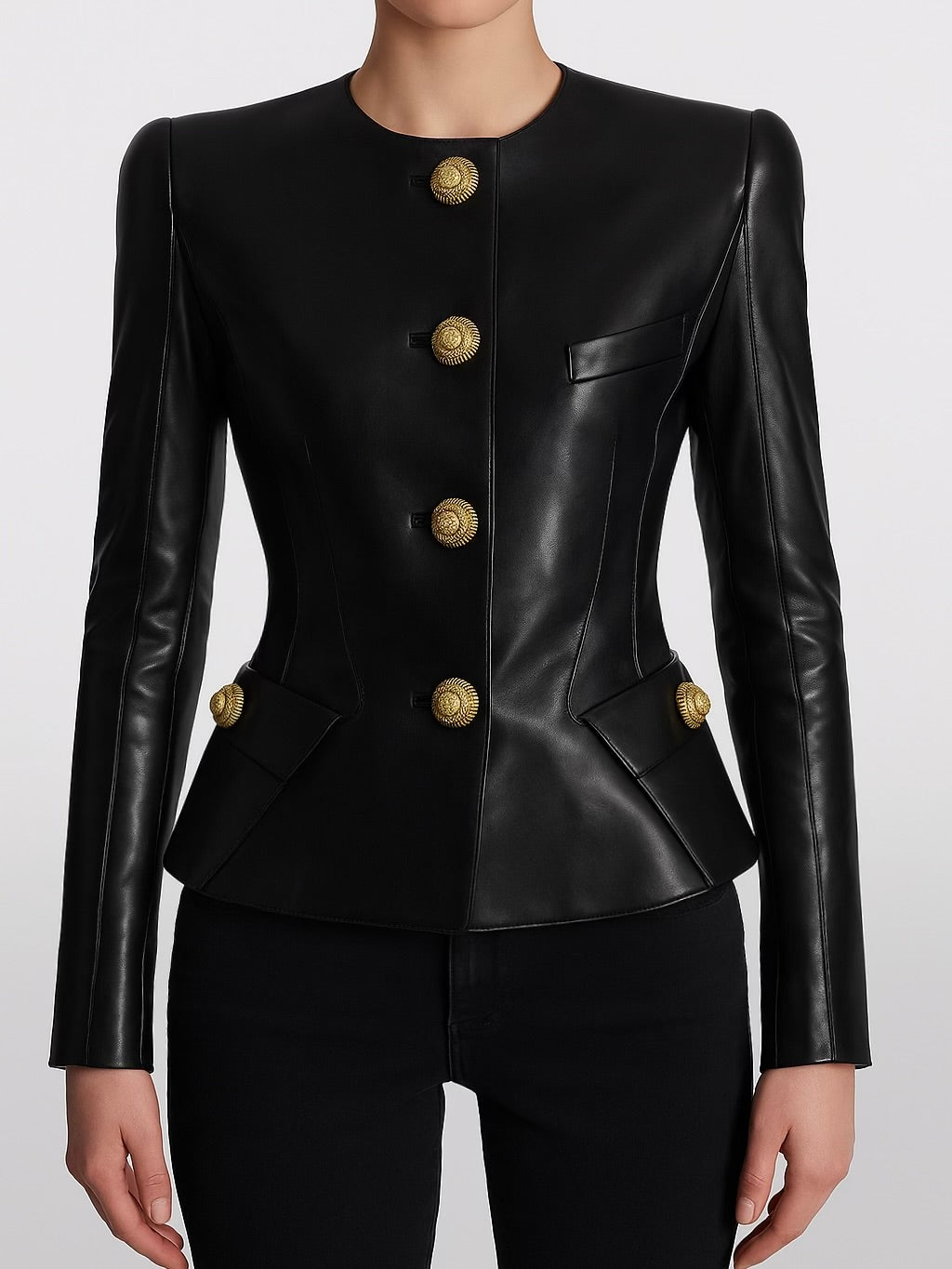 Peplum Gold Button Leather Jacket