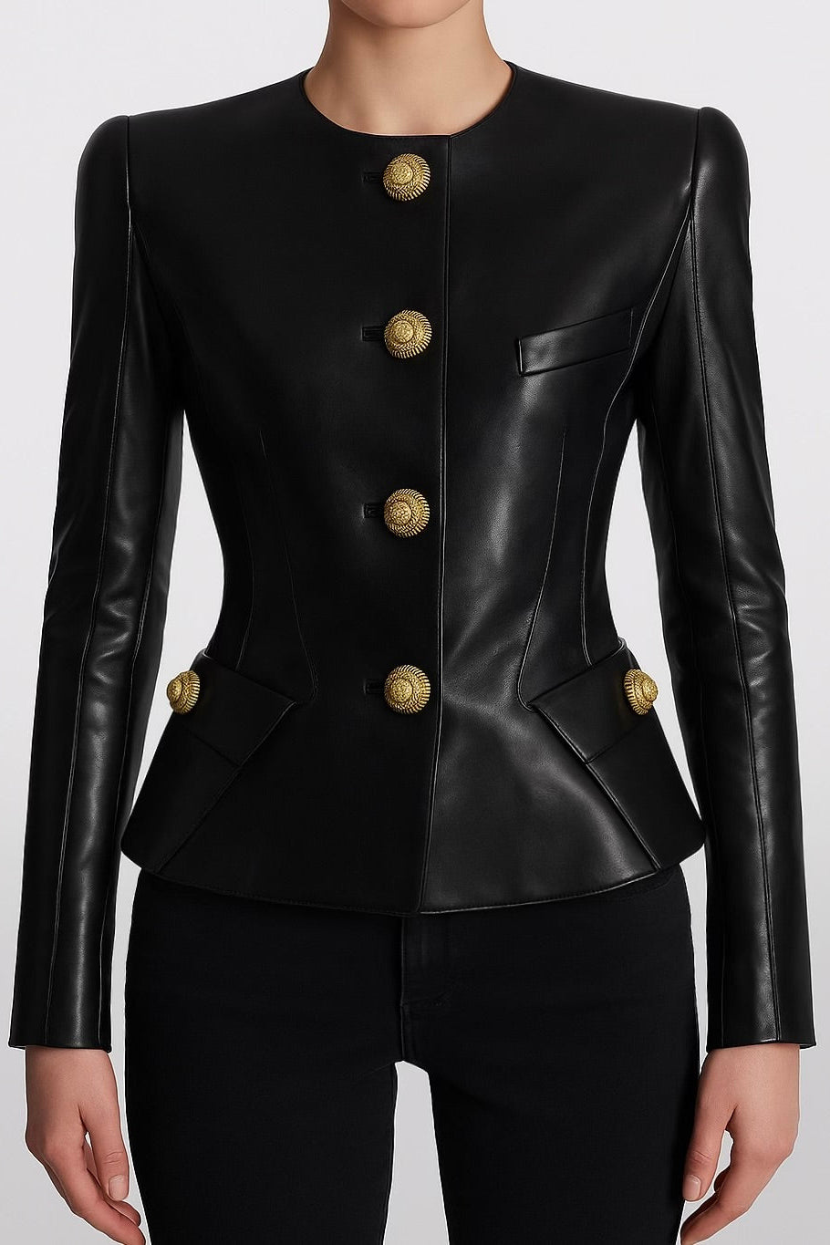 Peplum Gold Button Leather Jacket
