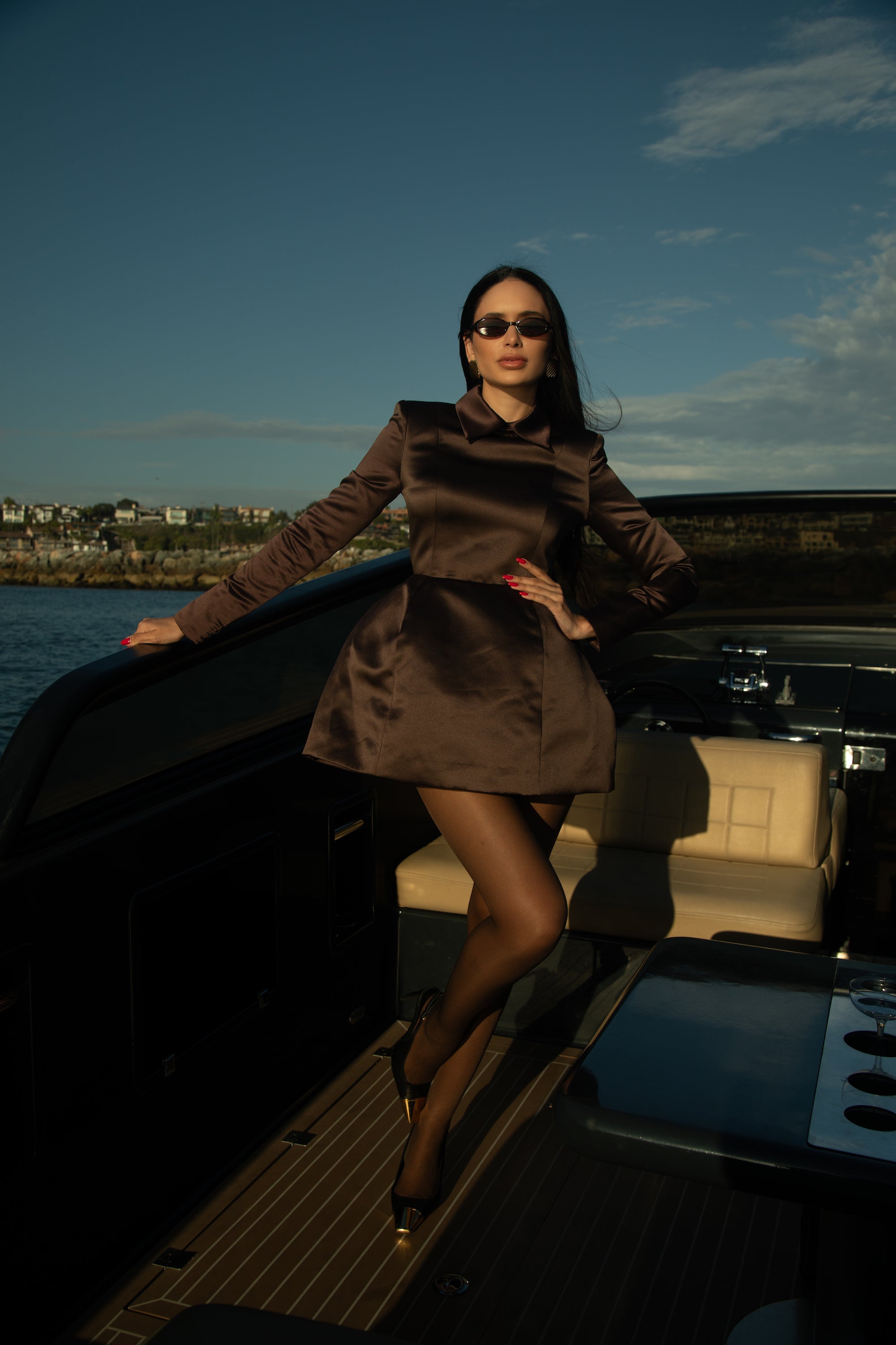 Structured Satin Mini Dress - Espresso Brown