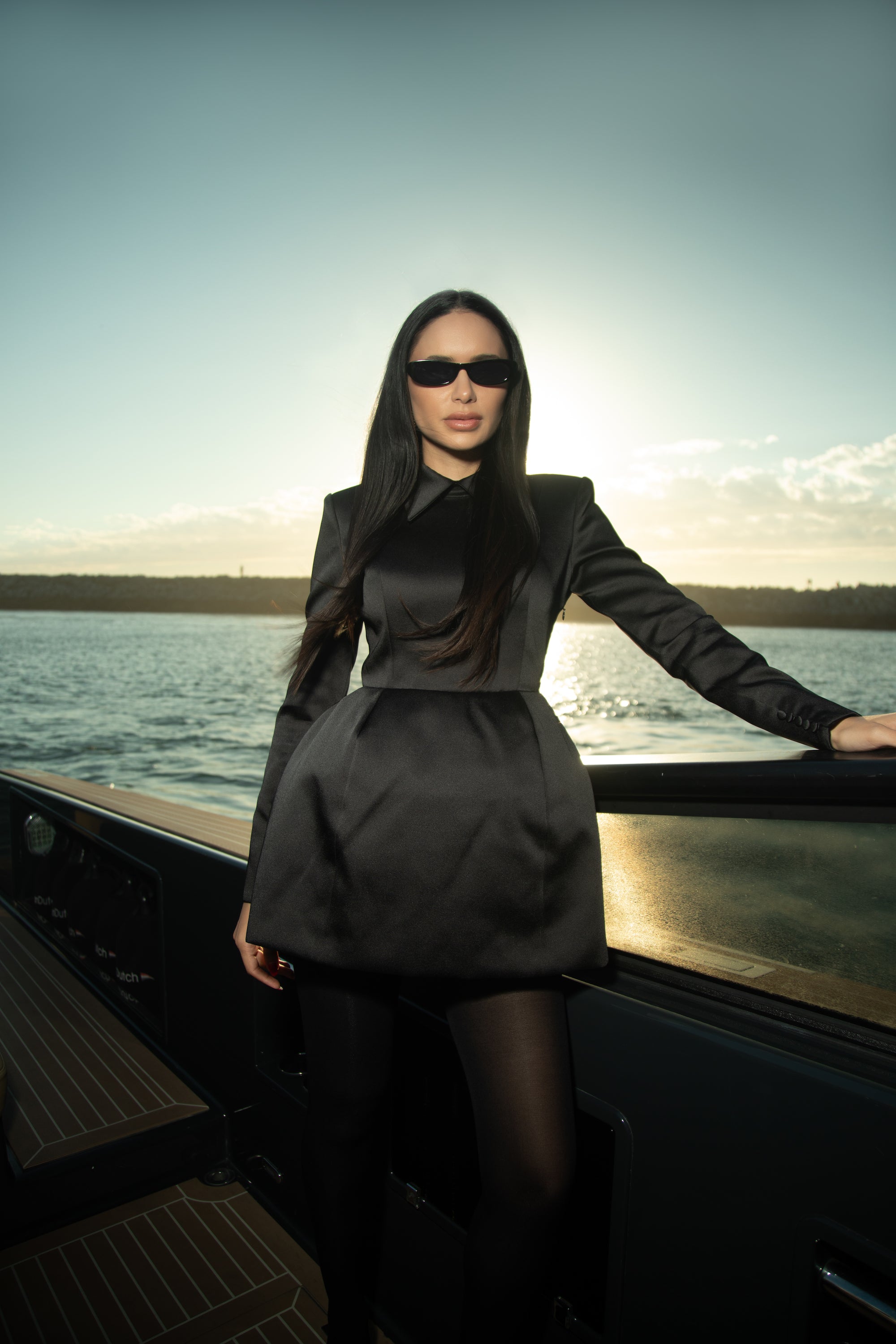 Structured Satin Mini Dress - Black