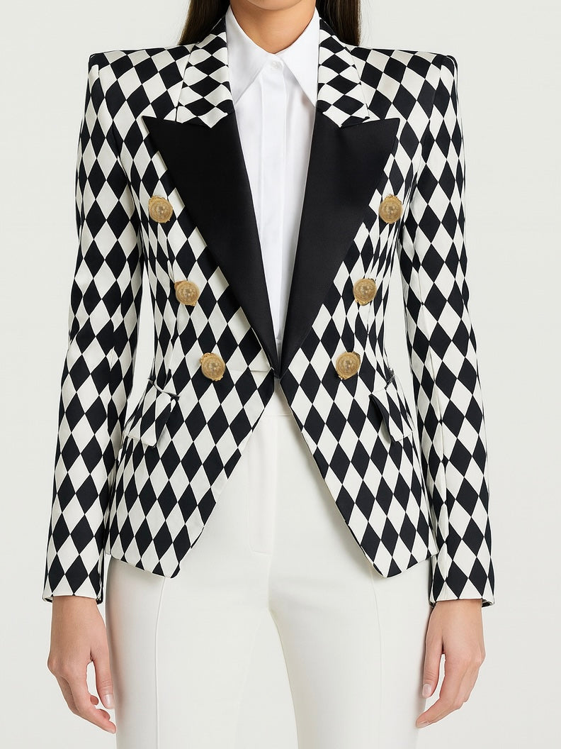 Gold Button Argyle Black Lapel Blazer