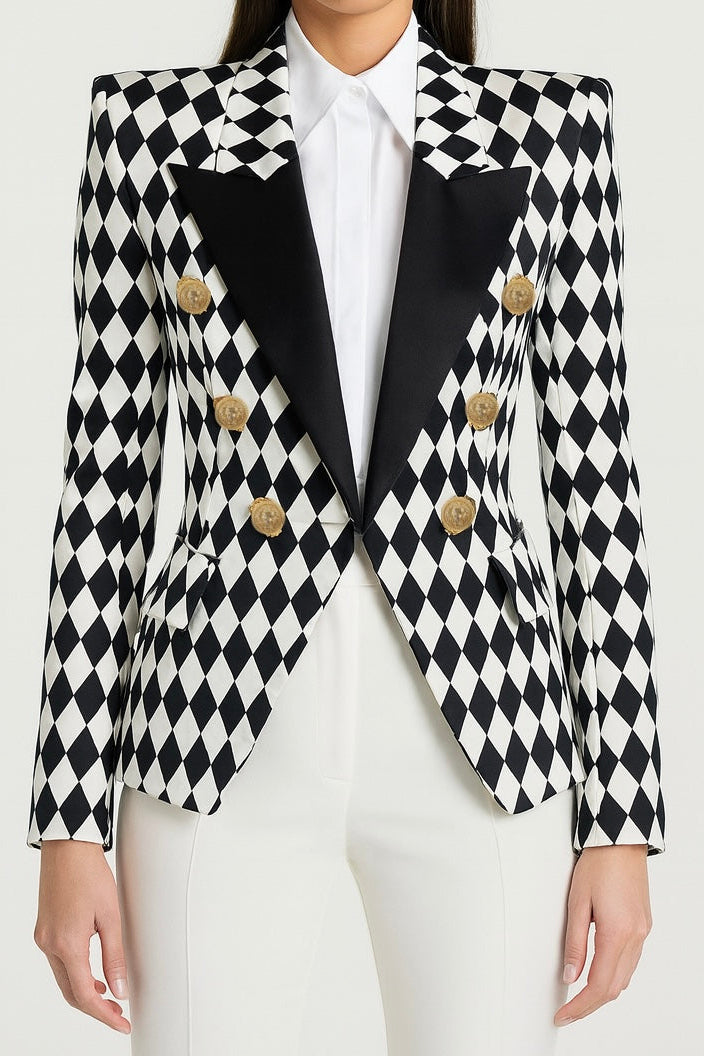 Gold Button Argyle Black Lapel Blazer