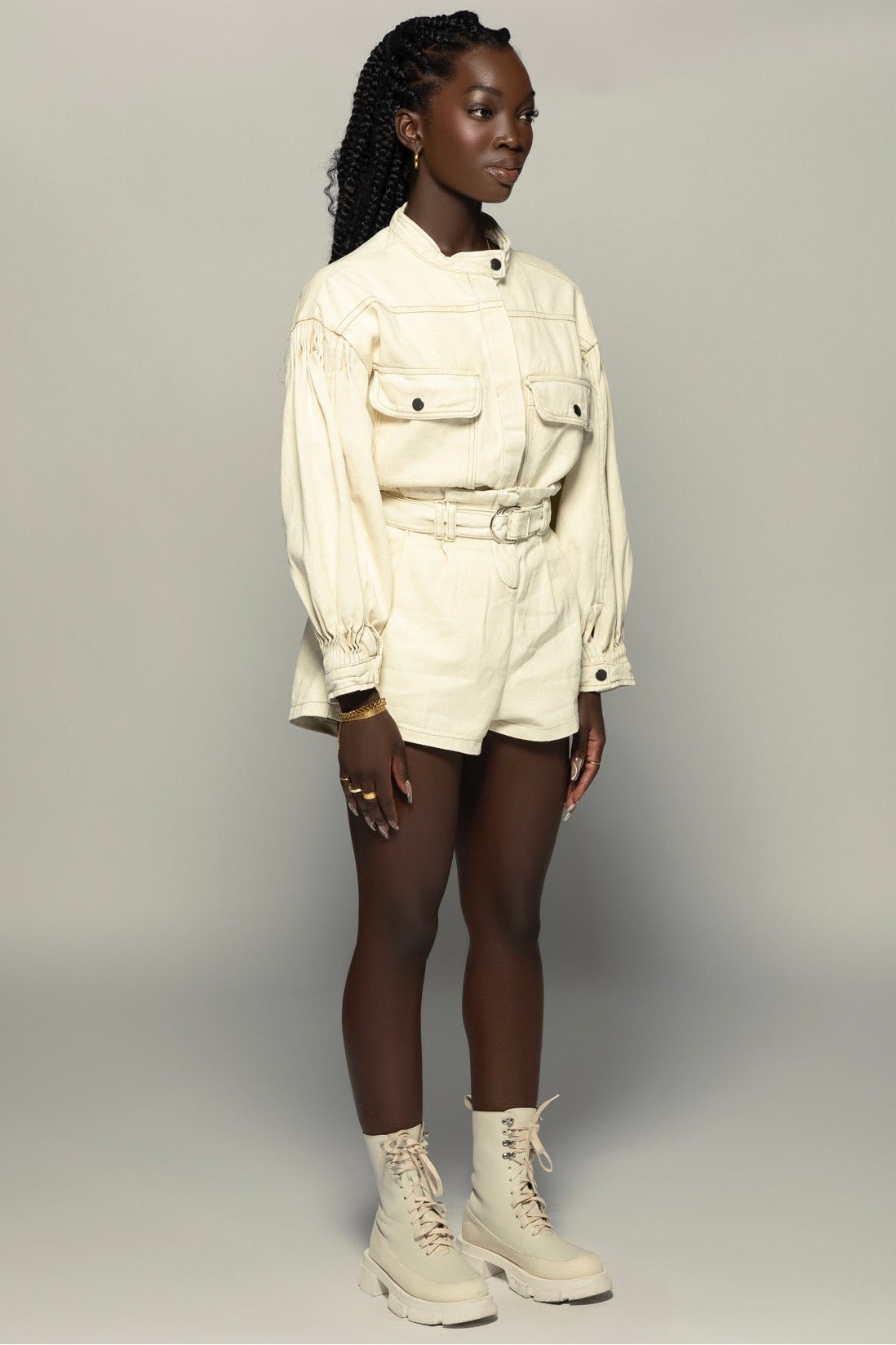 Beige Denim Shirt + Shorts Set