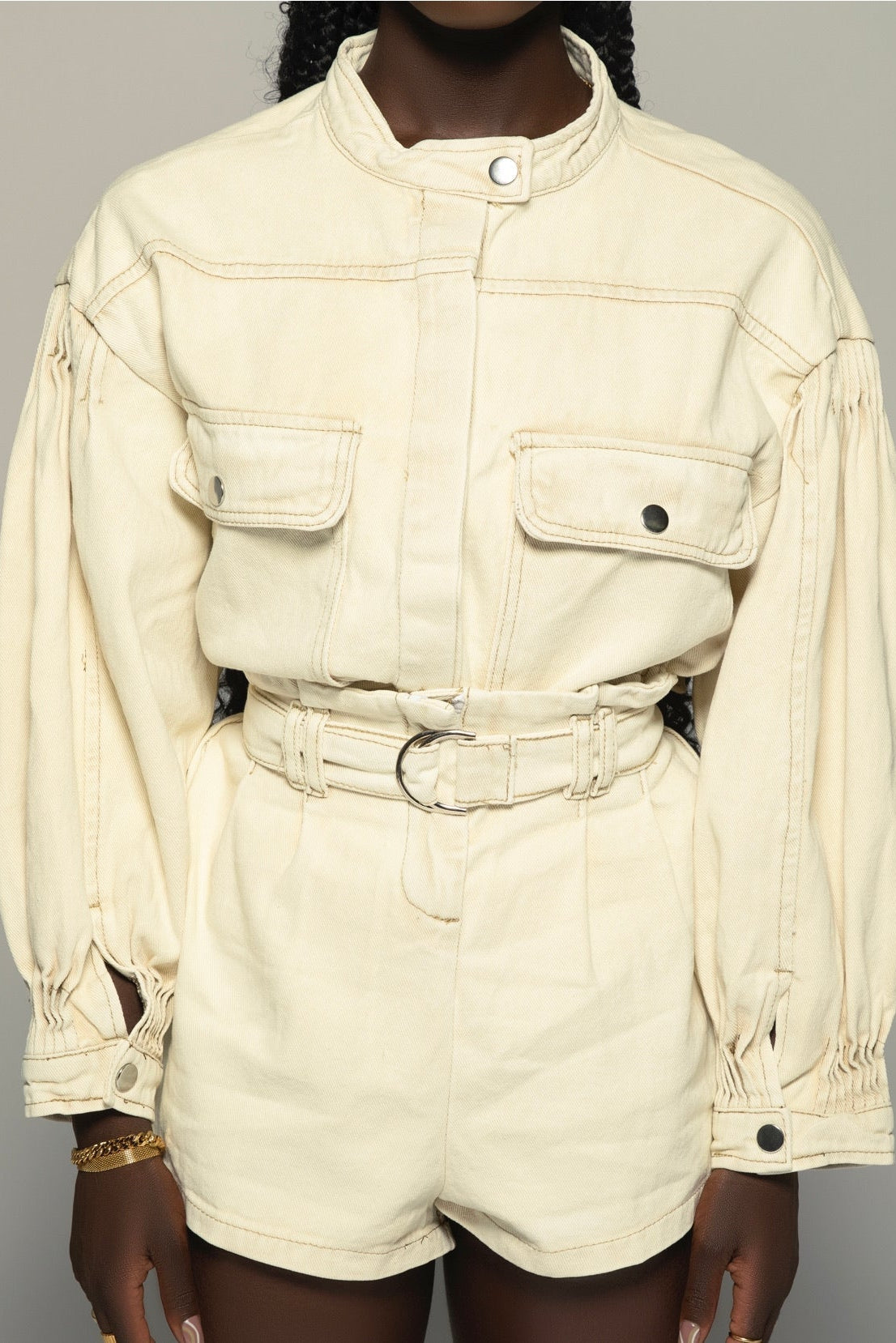 Beige Denim Shirt + Shorts Set