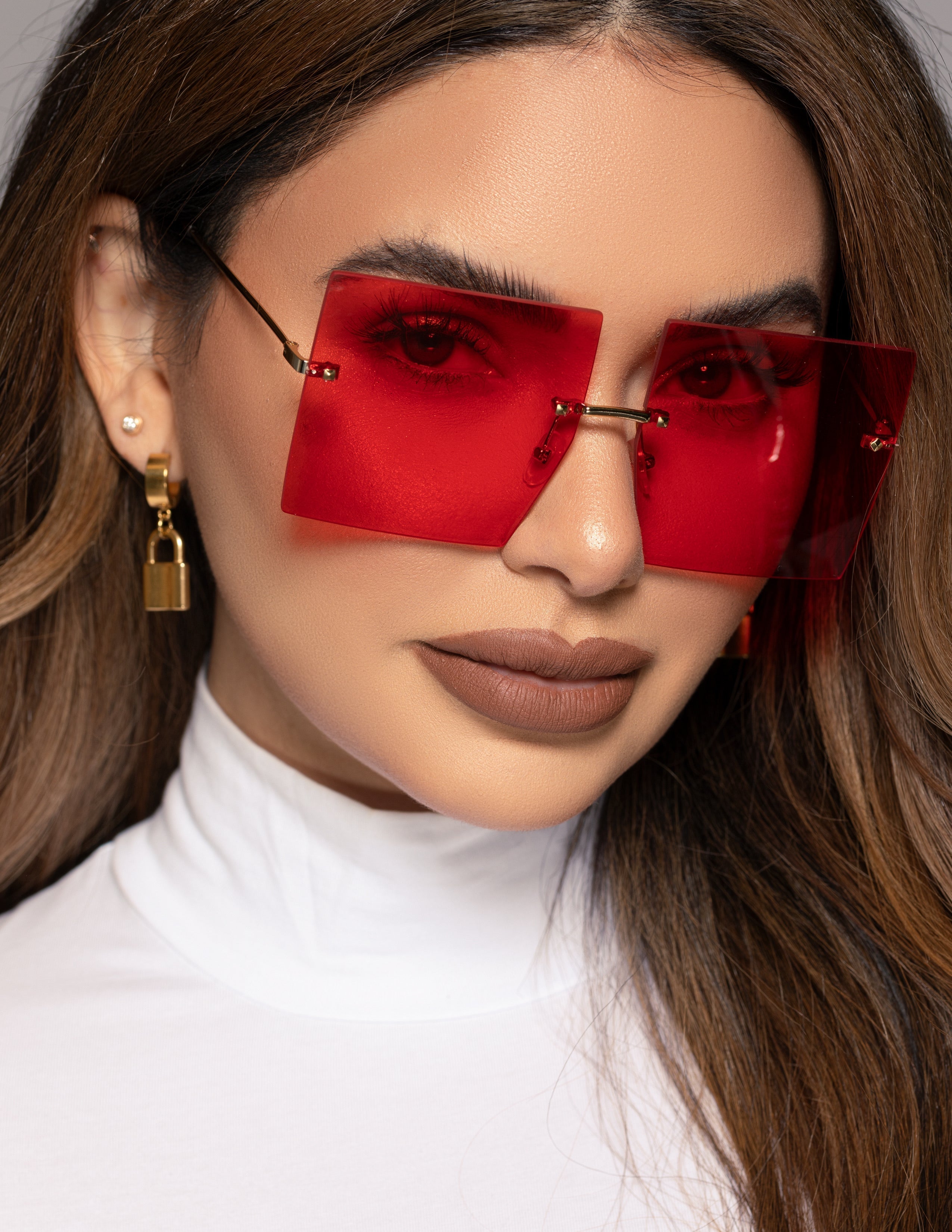 Rimless Square Glasses - Red