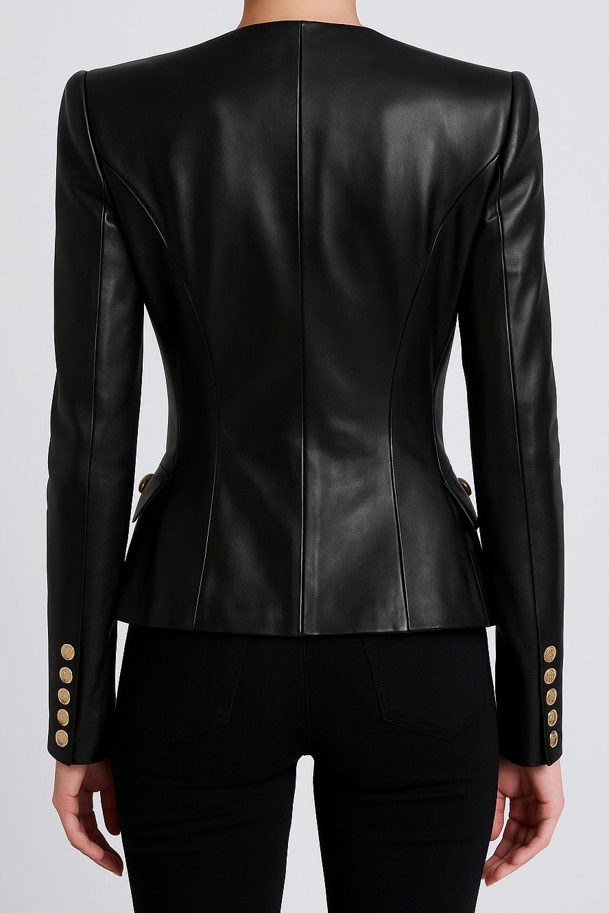 Peplum Gold Button Leather Jacket