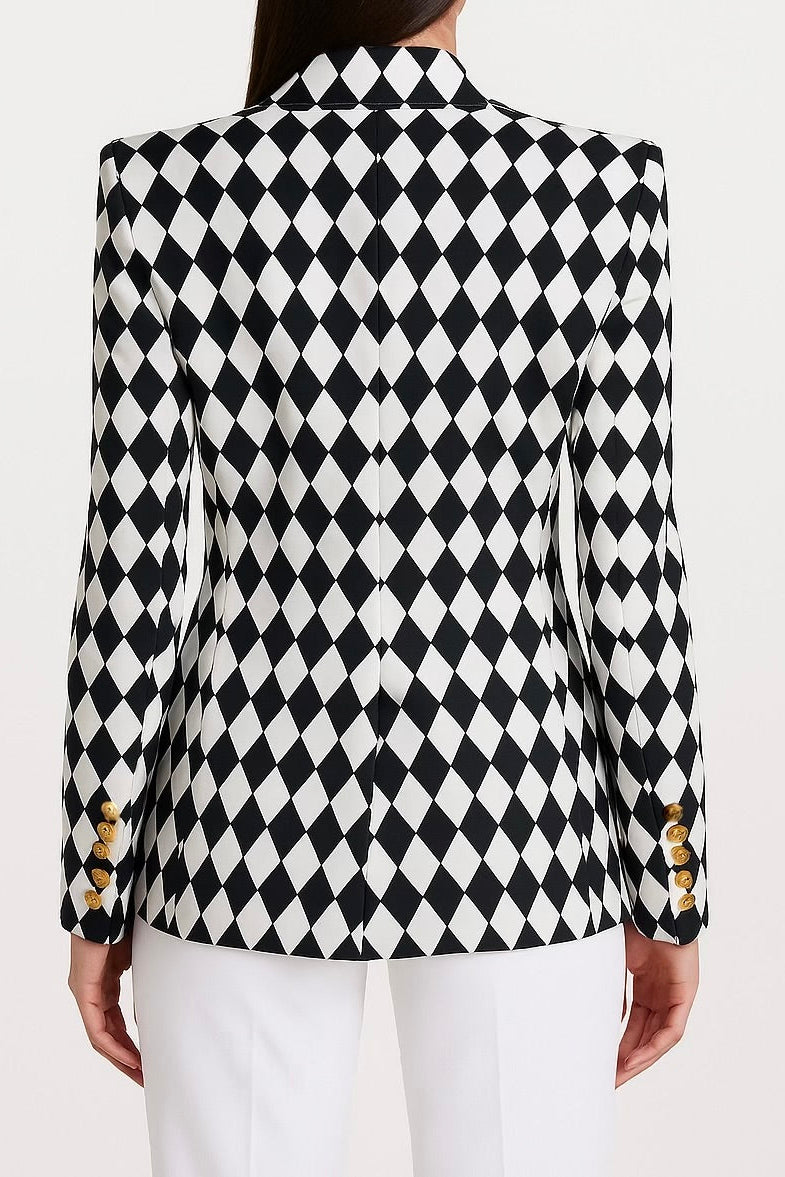 Gold Button Argyle Black Lapel Blazer