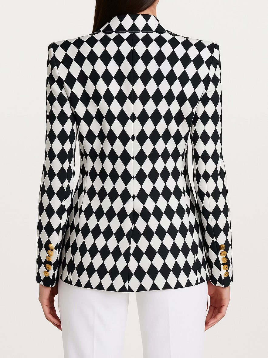 Gold Button Argyle Black Lapel Blazer
