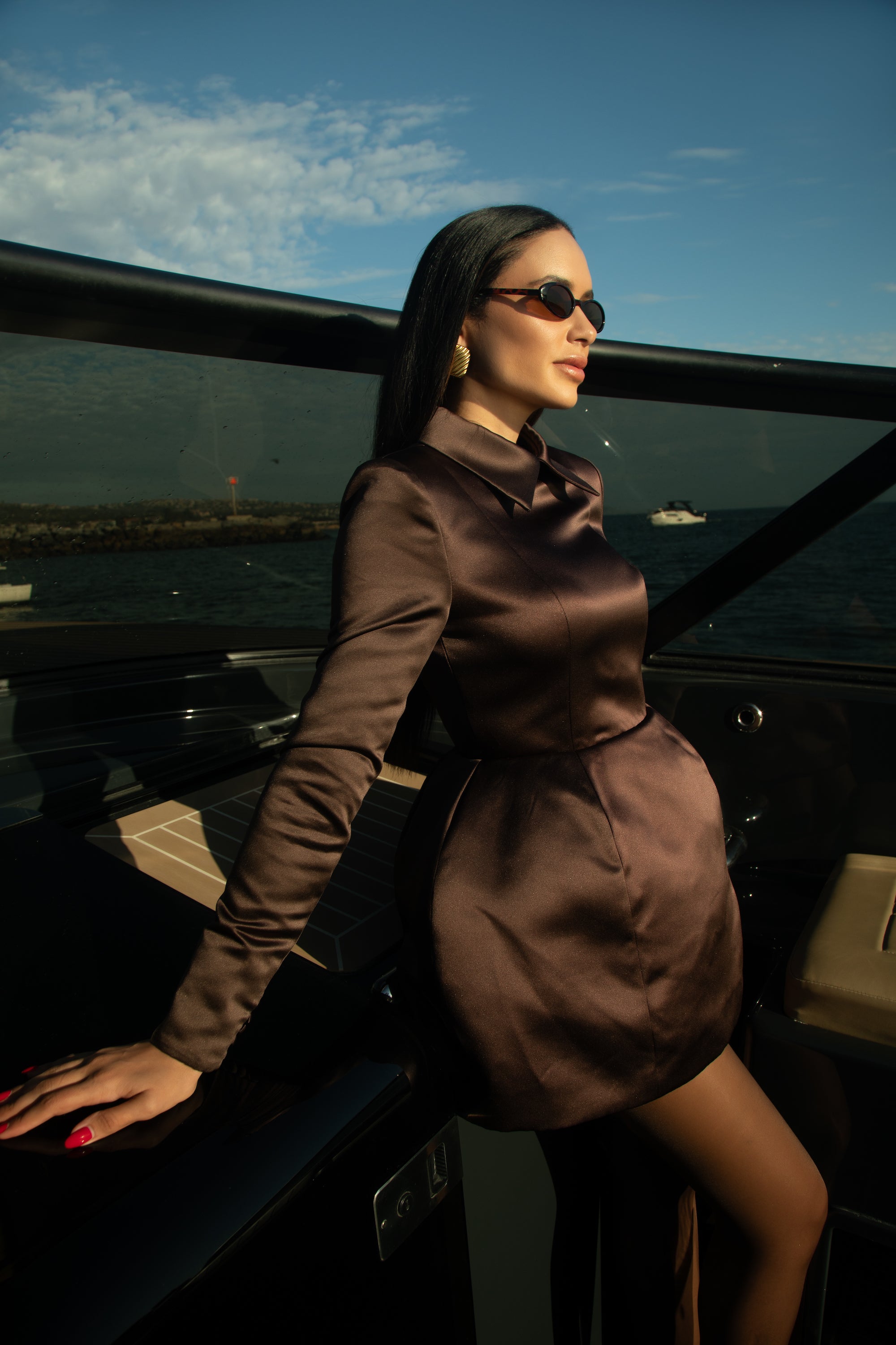 Structured Satin Mini Dress - Espresso Brown