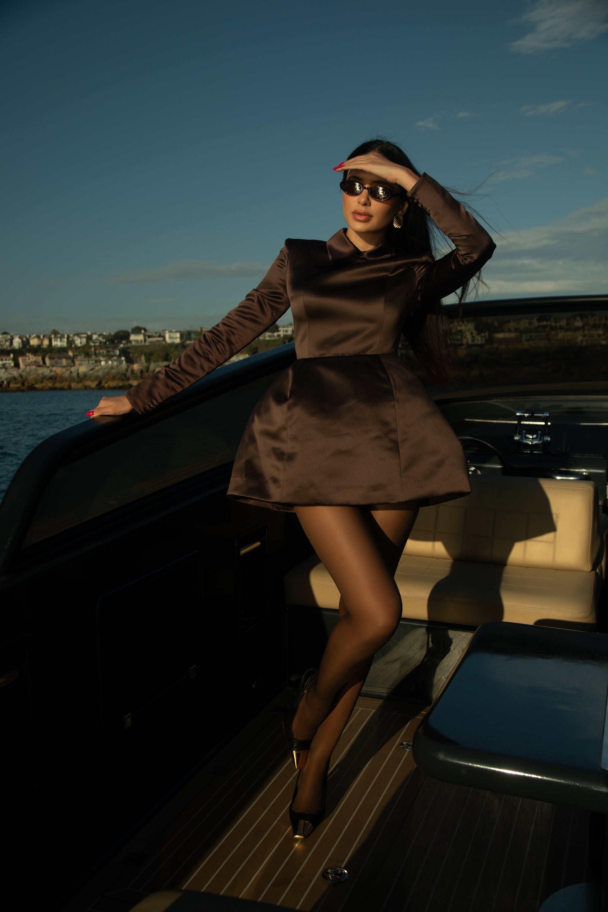 Structured Satin Mini Dress - Espresso Brown