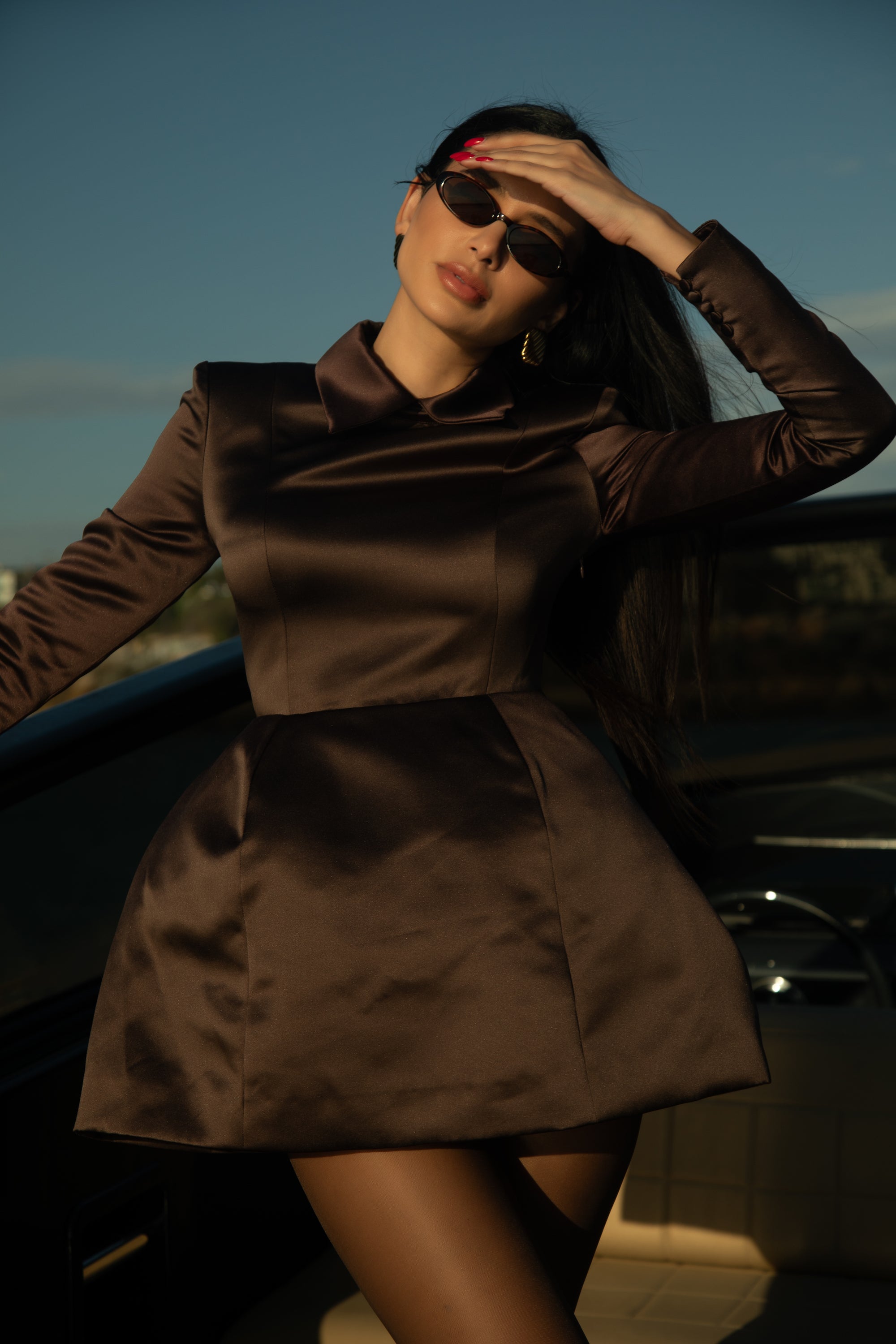 Structured Satin Mini Dress - Espresso Brown