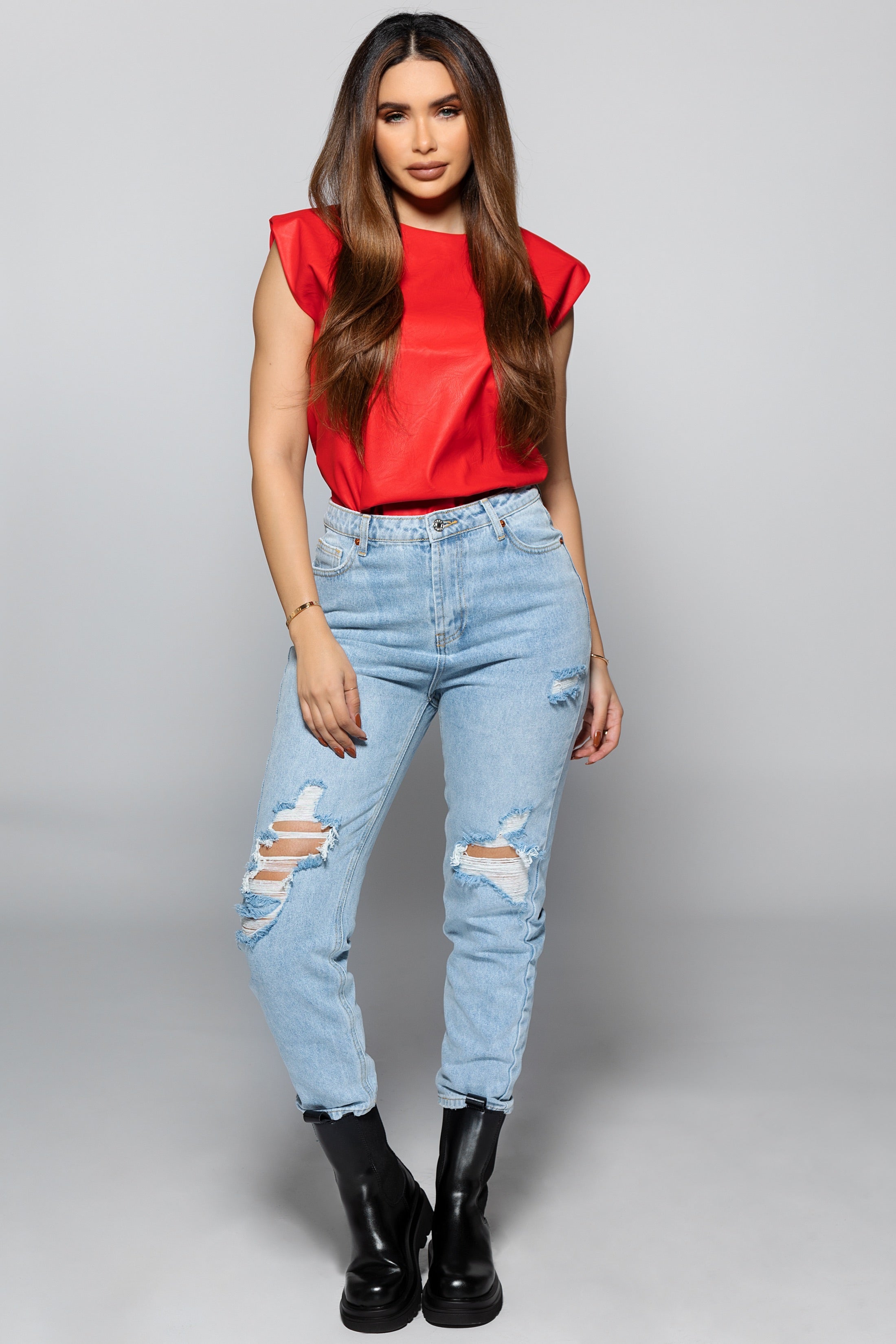 Shoulder Padded Leather Top