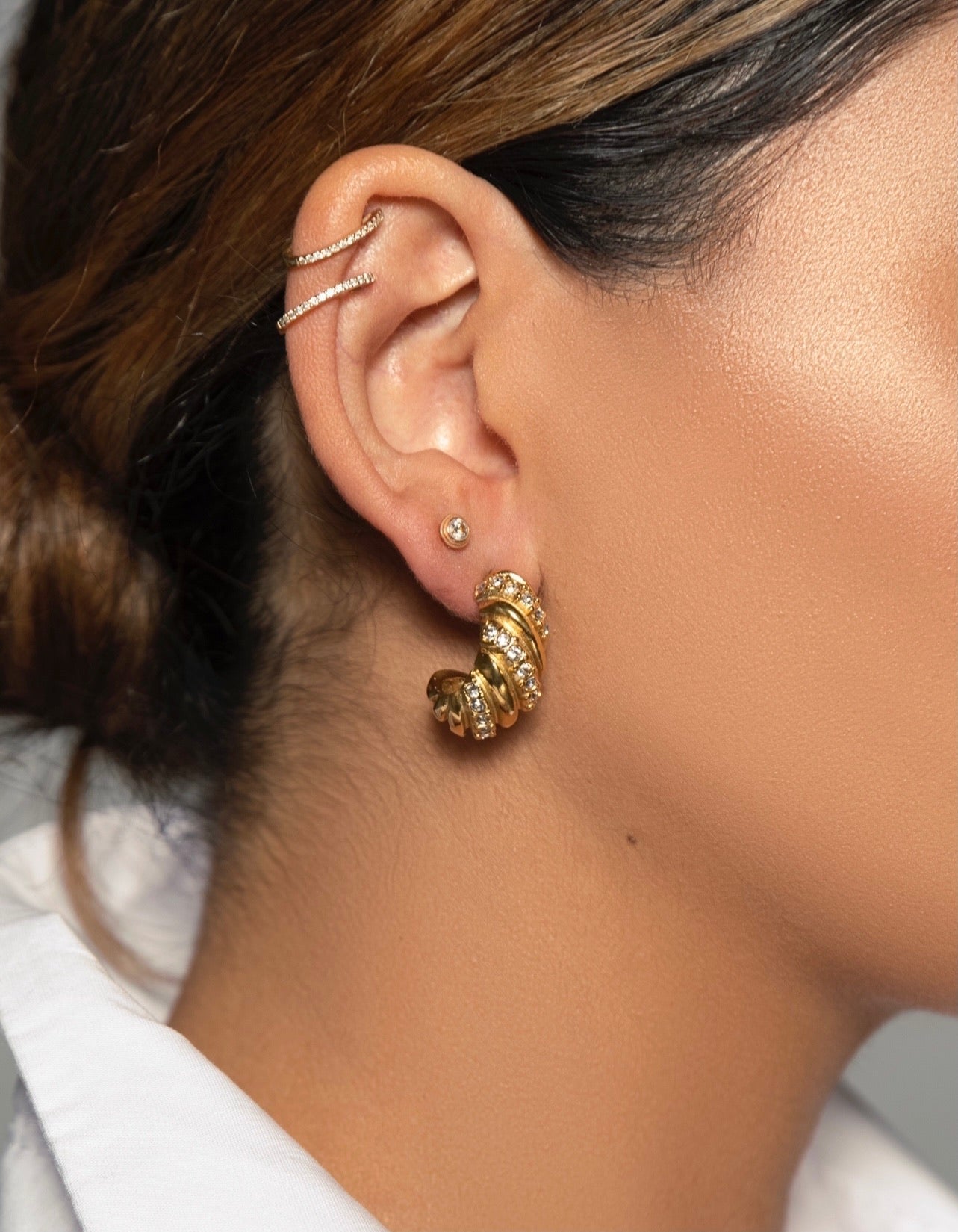 18k Gold Plated Croissant + Stone Earrings