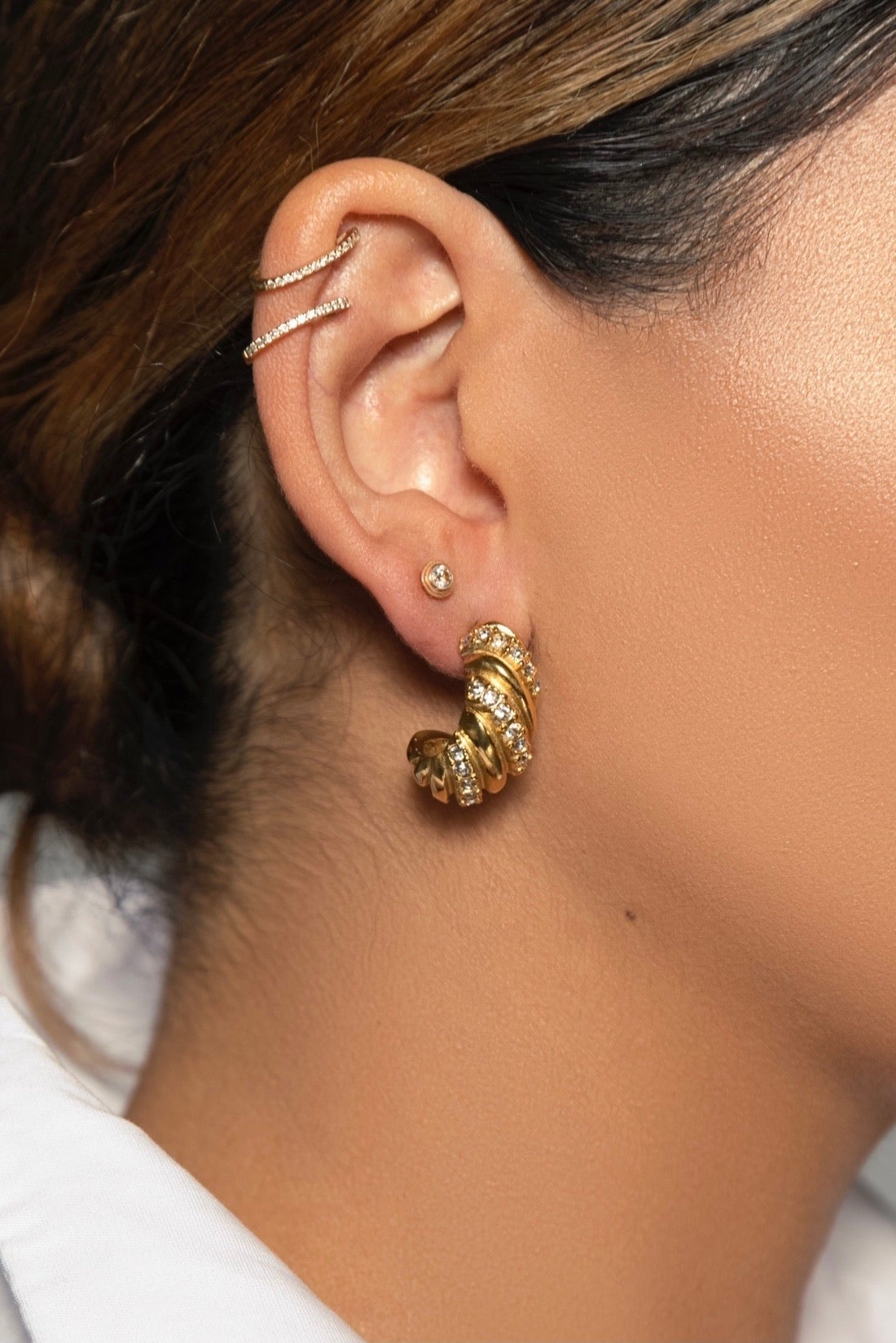 18k Gold Plated Croissant + Stone Earrings