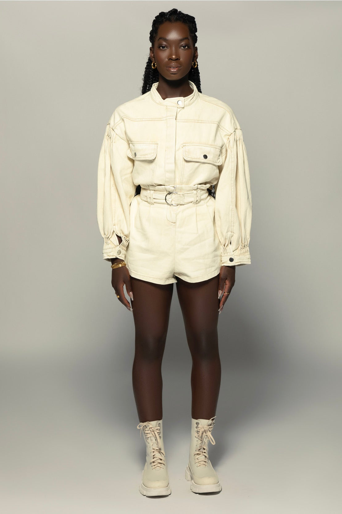 Beige Denim Shirt + Shorts Set