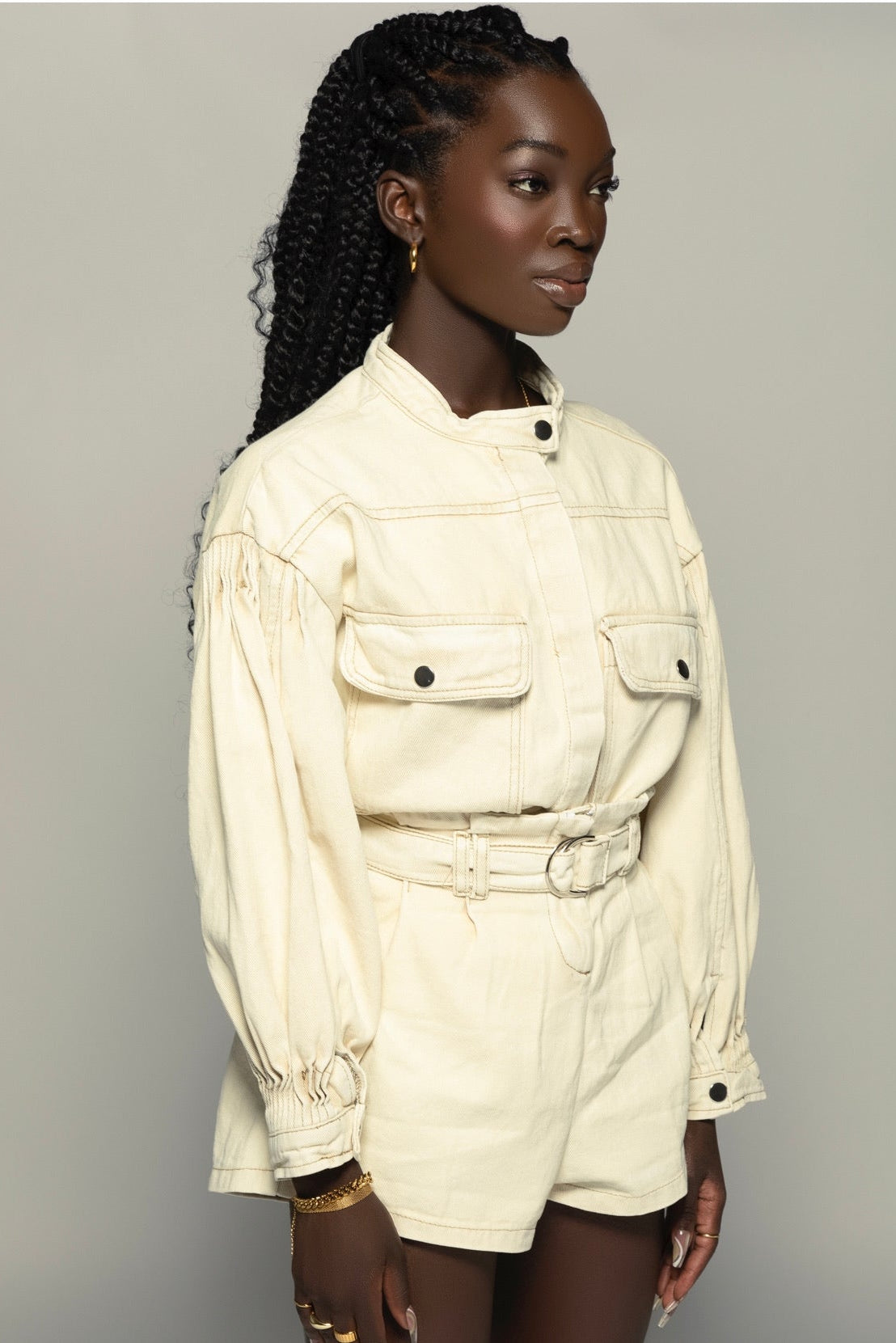 Beige Denim Shirt + Shorts Set